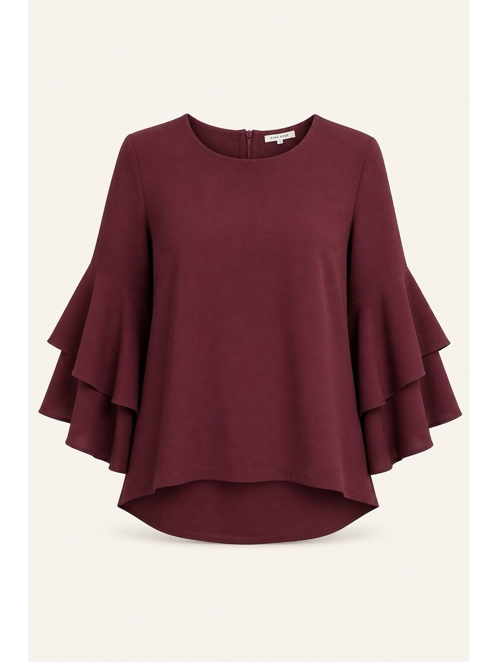 Pleione Womens M Blouse Wine/Burgundy Bell Slv Back Zipper Top Made in USA